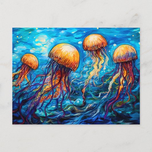Jellyfish in Swirling Underwater Oil Painting ポストカード (正面)