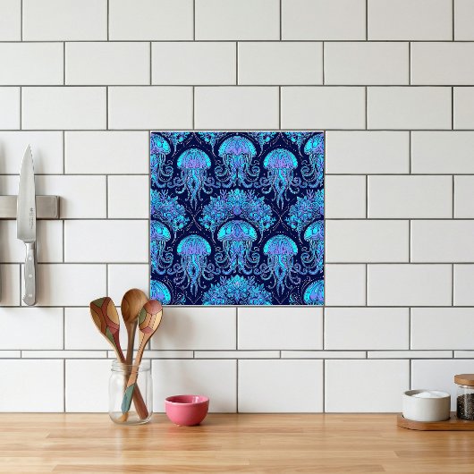 Jellyfish Mandala Pattern Blue Purple Graphic Tile タイル