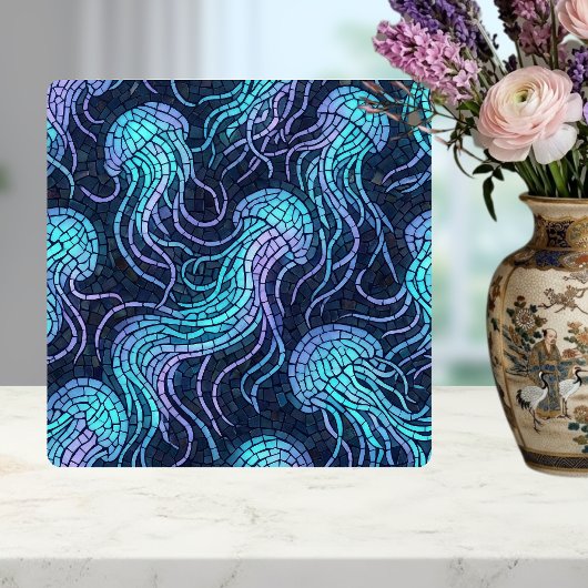Jellyfish Mosaic Teal Purple Iridescent Design タイル