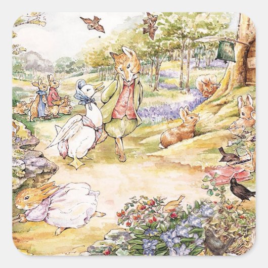 Jemima Puddle Duck氏と散歩キツネ スクエアシール (正面)