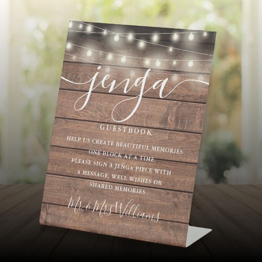 Jenga'結婚Guestbook String Lightsウッド素朴 台座サイン