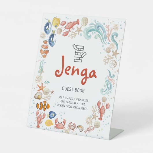 Jenga Guest Book Coastal Ocean Beach Bridal Shower 台座サイン (正面)