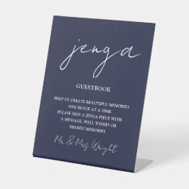 Jenga Guestbook Navy Blue Minimalistスクリプト 台座サイン