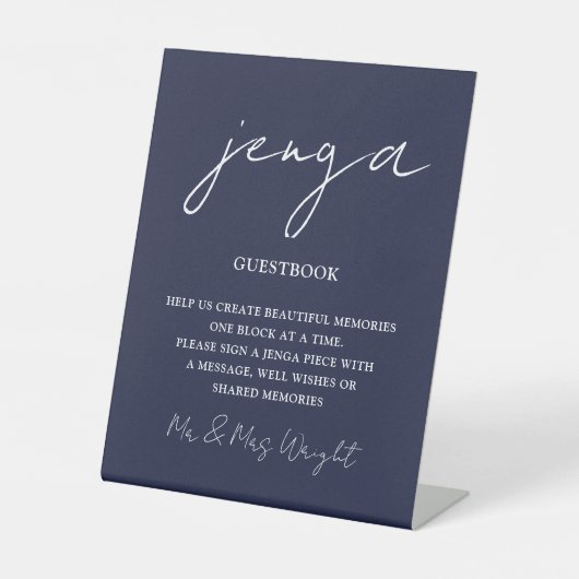Jenga Guestbook Navy Blue Minimalistスクリプト 台座サイン (正面)