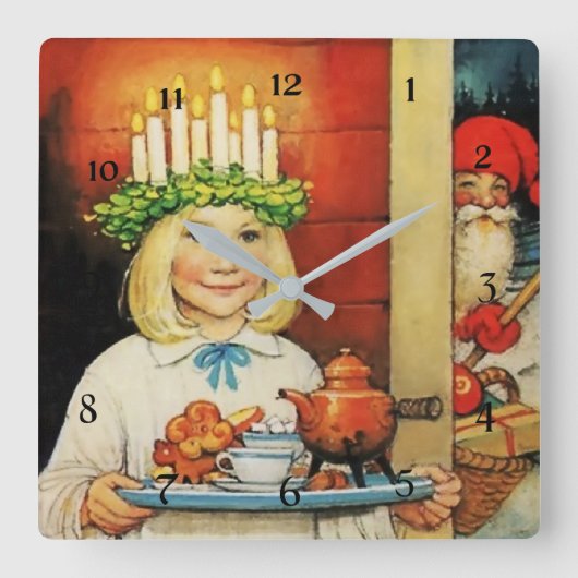 Jenny Nystrom著「Christmas Tea」 スクエア壁時計 (正面)
