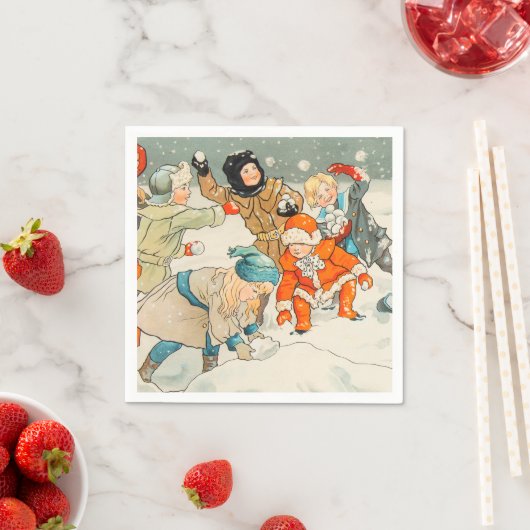 Jenny Nystrom、雪の遊中の子供たち、クリスマス スタンダードカクテルナプキン (インサイチュ)