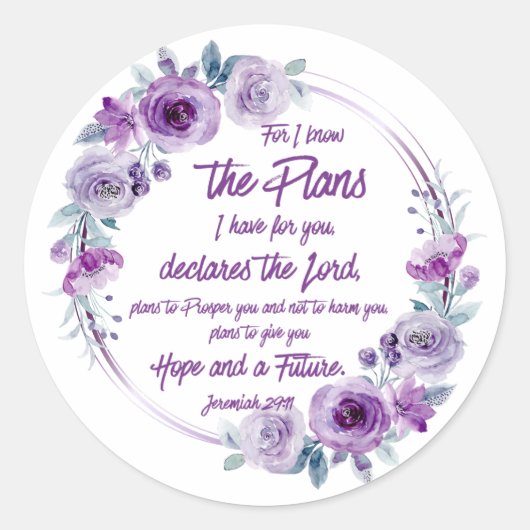 Jeremiah 29:11 For I know the Plans Purple Floral ラウンドシール (正面)