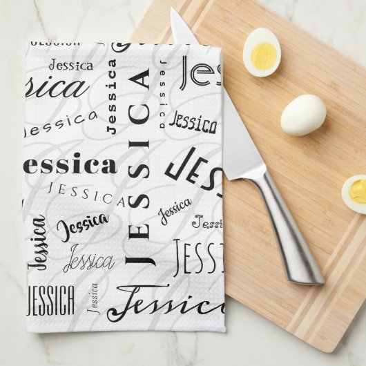 Jessica Custom Name Black White キッチンタオル (四つ折り)