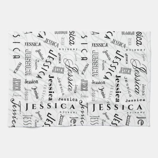Jessica Custom Name Black White キッチンタオル (横)