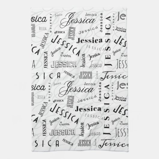 Jessica Custom Name Black White キッチンタオル (縦)