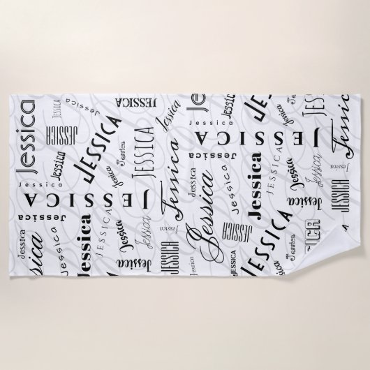 Jessica Custom Name Black White ビーチタオル (正面)