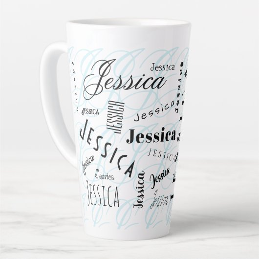 Jessica Custom Name Black White Blue カフェラテマグ (左アングル)
