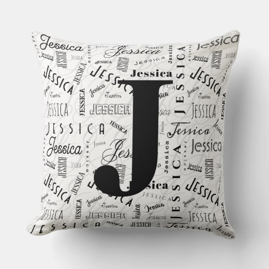 Jessica Custom Name Black White Monogram J クッション (正面)