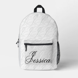 Jessica Custom Name Elegant Script Black White プリントバックパック