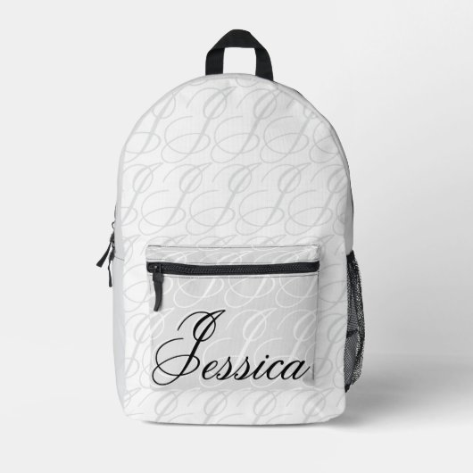 Jessica Custom Name Elegant Script Black White プリントバックパック (正面)