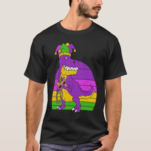 Jester Dinosaur Masquerade Mask Sleeping Mardi Gra Tシャツ (正面)