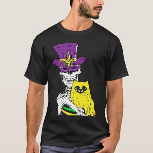 Jester Hat Skeleton Cat Mardi Gras Bones Carnival Tシャツ (正面)