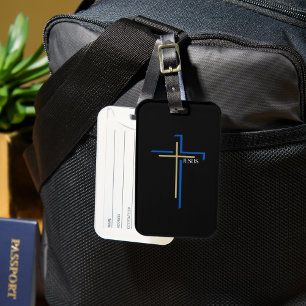 JESUSと青と茶色の薄い十字 ラゲッジタグ