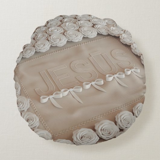JESUS刺繍装飾用クッション- 3Dベジ描写ュー ラウンドクッション (正面)