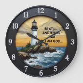 Jesus Be Still Coastal Lighthouse ラージ壁時計 (正面)