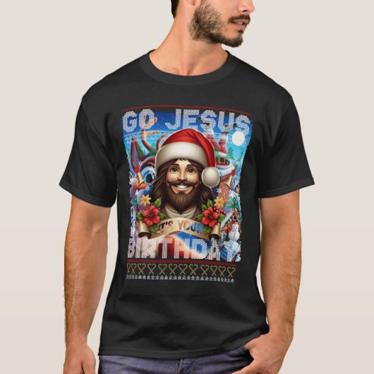 Jesus Birthday Ugly Sweater Knitting Religious Tシャツ (正面)