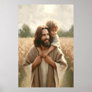 Jesus Carrying Child Jesus and Baby Painting Chris ポスター