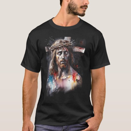 Jesus Christ Cross Watercolor Christian Graphic Te Tシャツ (正面)