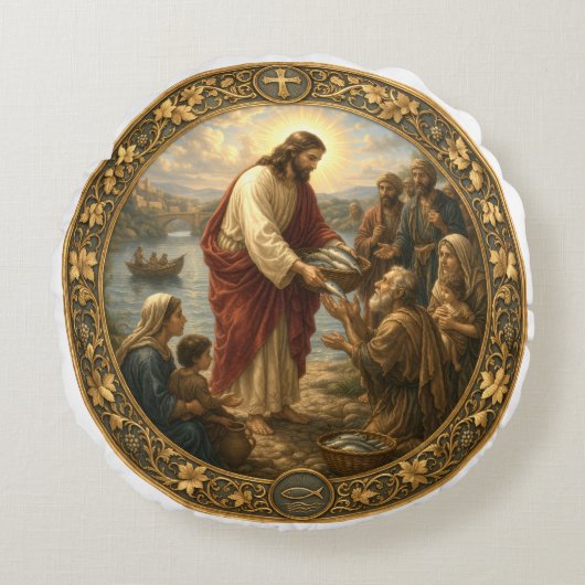 Jesus Christ feeding fish to the poor ラウンドクッション (正面)