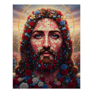 Jesus Christ Floral Mosaic Portrait Spiritual Wall ポスター