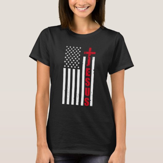 jesus cross american us flag christian easter day  tシャツ (正面)