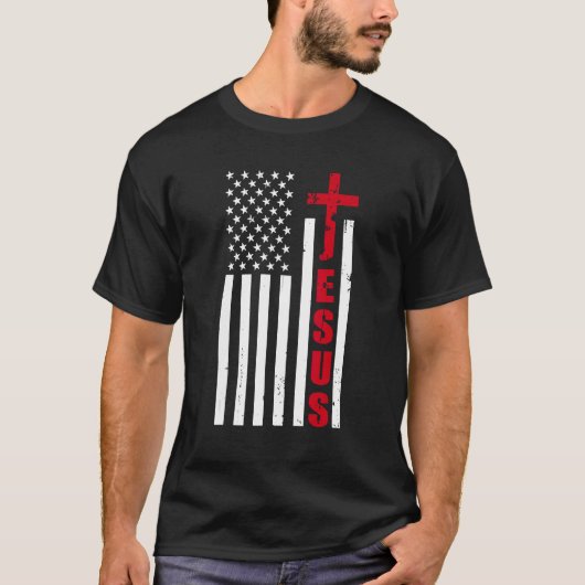 jesus cross american us flag christian easter day  tシャツ (正面)