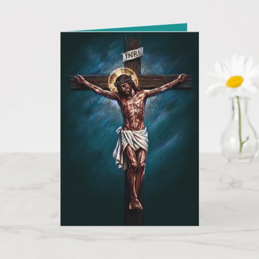 Jesus Crucified Blessed Easter Card Teal カード (小さな植物)