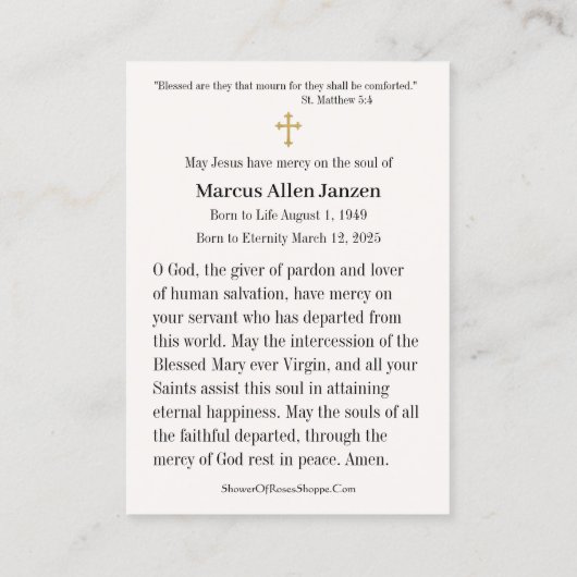 Jesus Divine Mercy Funeral Memorial Prayer Cards 名刺 (裏面)