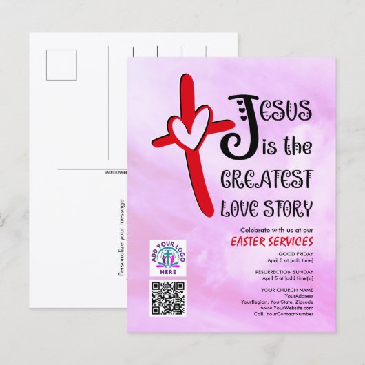 JESUS GREATEST LOVE STORY Logo QR Code EASTER インビテーションポストカード (正面/裏面)