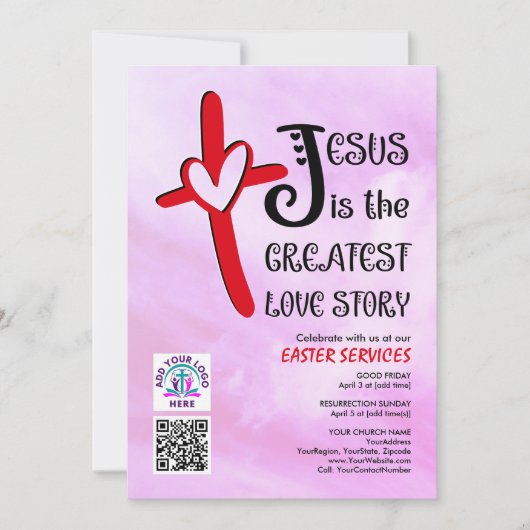 JESUS GREATEST LOVE STORY Logo QR Code EASTER 招待状 (正面)