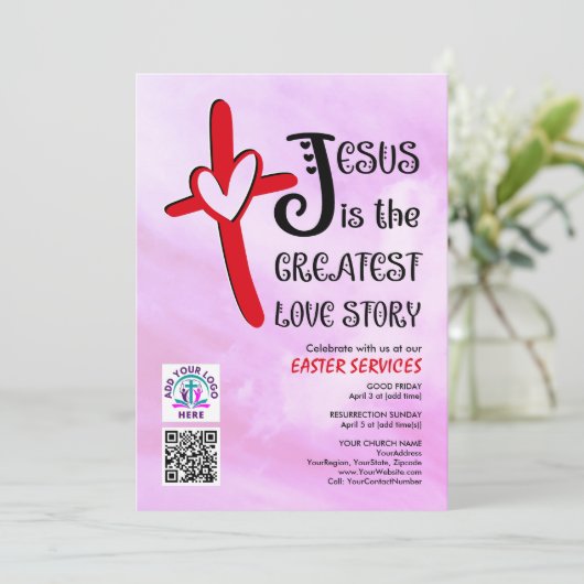 JESUS GREATEST LOVE STORY Logo QR Code EASTER 招待状 (スタンド正面)