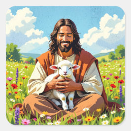 Jesus holding a Lamb | Religious Christian スクエアシール