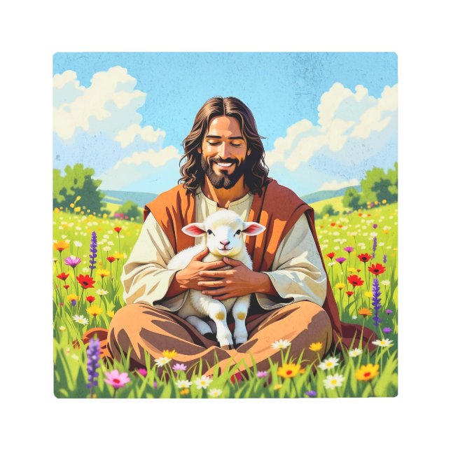 Jesus holding a Lamb | Religious Christian メタルプリント (正面)