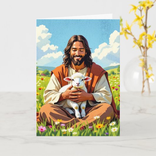 Jesus holding a Lamb | Religious Easter カード (黄色い花)