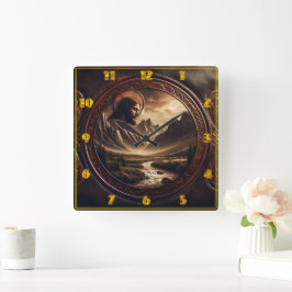 Jesus in 威厳のある Mountain Landscape at Dusk スクエア壁時計