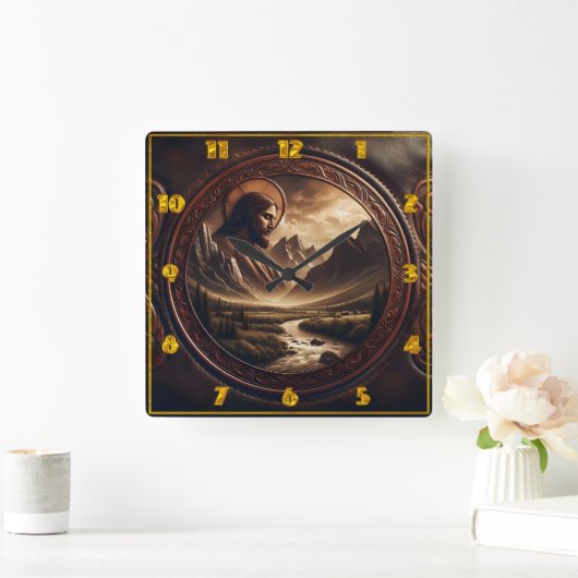 Jesus in 威厳のある Mountain Landscape at Dusk スクエア壁時計 (ホーム)