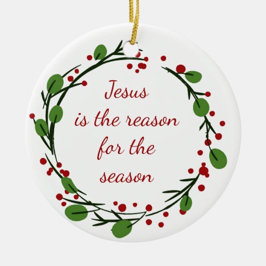 "Jesus is the reason for the season" Holly Design セラミックオーナメント (正面)