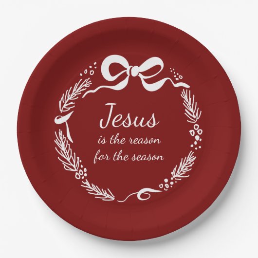 Jesus is the Reason | Hand Drawn Bow Red Christmas ペーパープレート (正面)