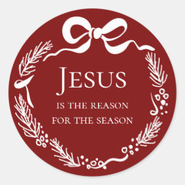 Jesus is the Reason | Hand Drawn Bow Red Christmas ラウンドシール