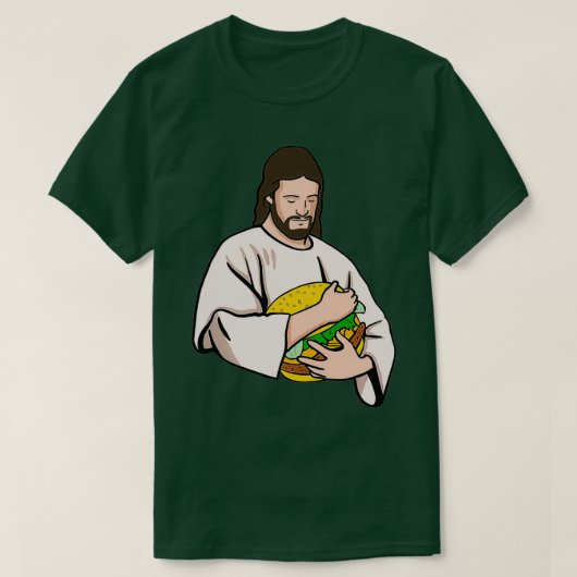 Jesus Loves Burgers Jesus Holding A Burger Tシャツ (デザイン正面)