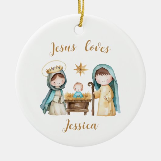 Jesus Loves Personalized Kid's Name Nativity Scene セラミックオーナメント (正面)