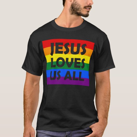 JESUS LOVES US ALL LGBT gay pride Rainbow boy Tシャツ (正面)