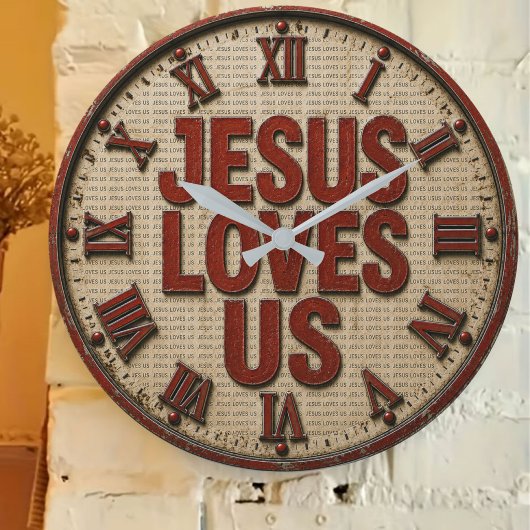 Jesus Loves Us Vintage Rustic Christian ラージ壁時計