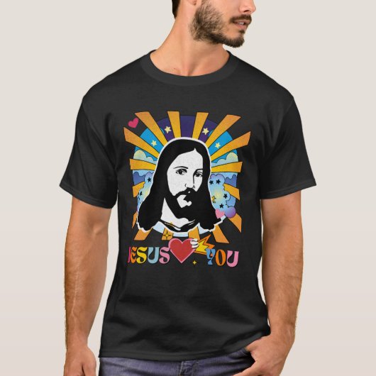 Jesus Loves You Groovy Hippie 60s 70s Retro Rainbo Tシャツ (正面)