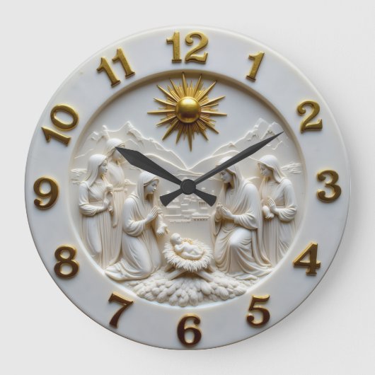 Jesus Nativity Scene Marble ラージ壁時計 (正面)